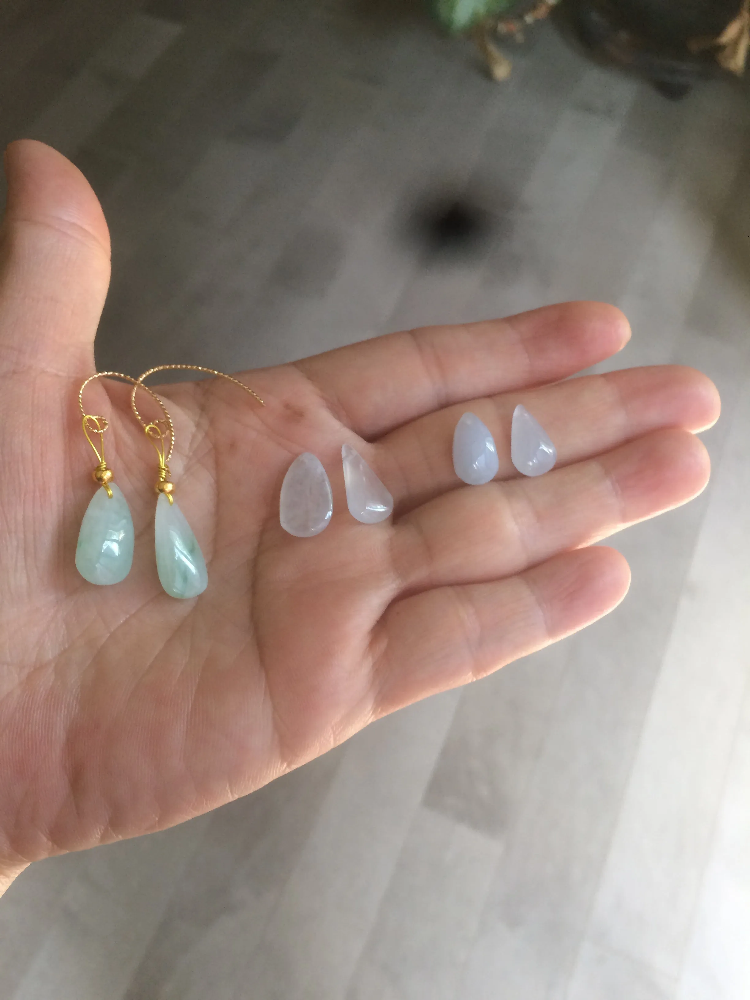 100% natural super icy watery green/white/purple type A jadeite jade water drop earring group B202