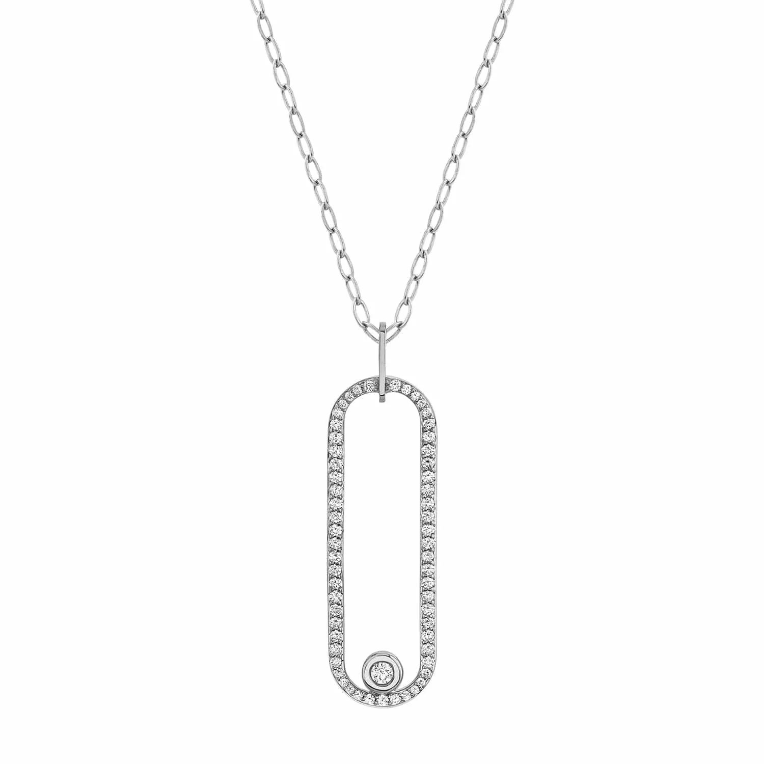 14k White Gold Long Oval Pendant 30 Chain Diamond Necklace