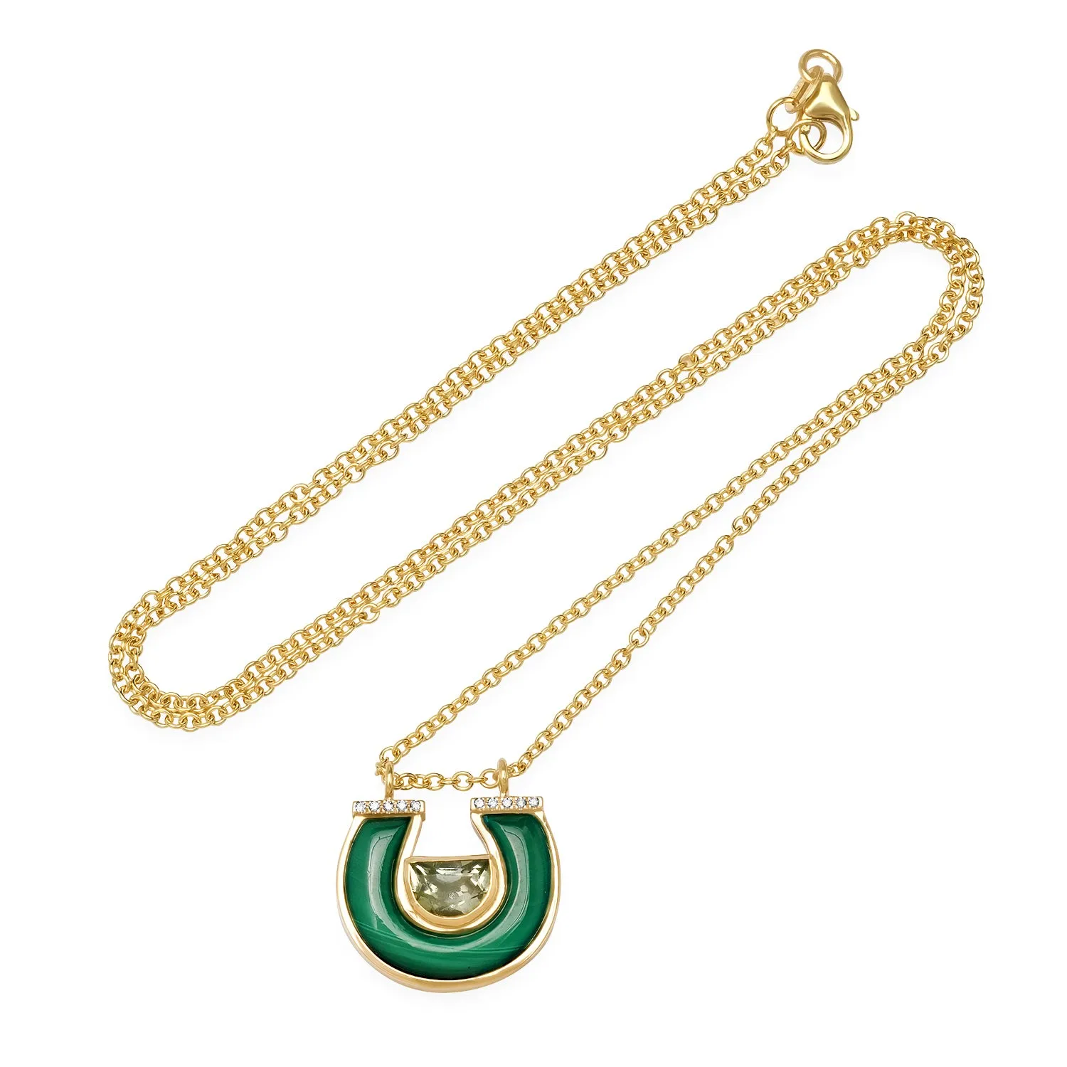 14K YG Prasolite, Malachite and Diamond Horseshoe Necklace