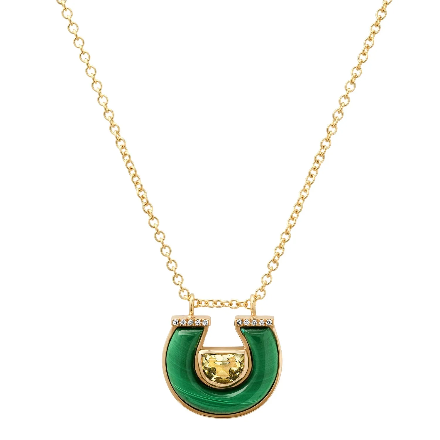 14K YG Prasolite, Malachite and Diamond Horseshoe Necklace