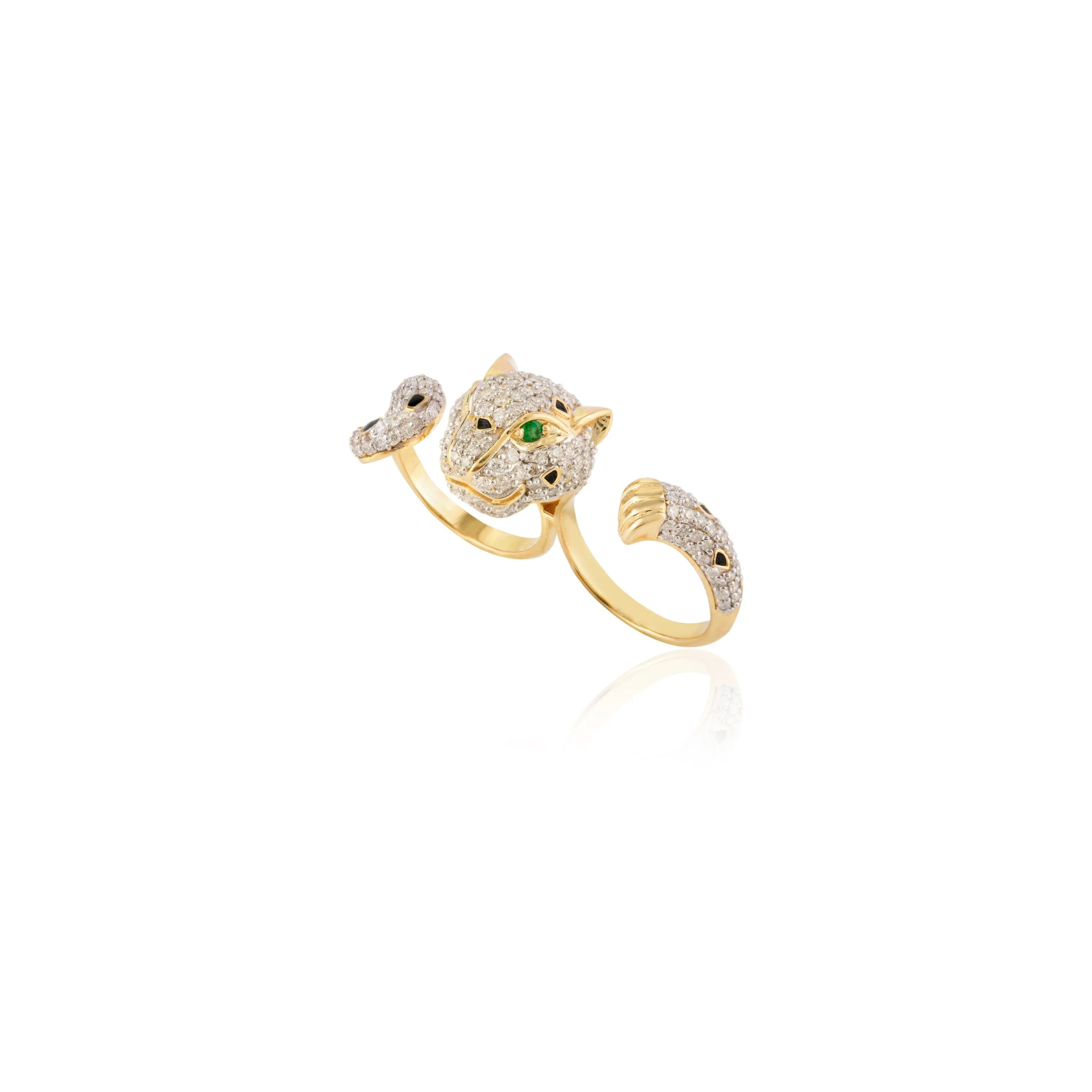 18K Solid Yellow Gold 2.06 Cts Diamond Panther Double Finger Ring