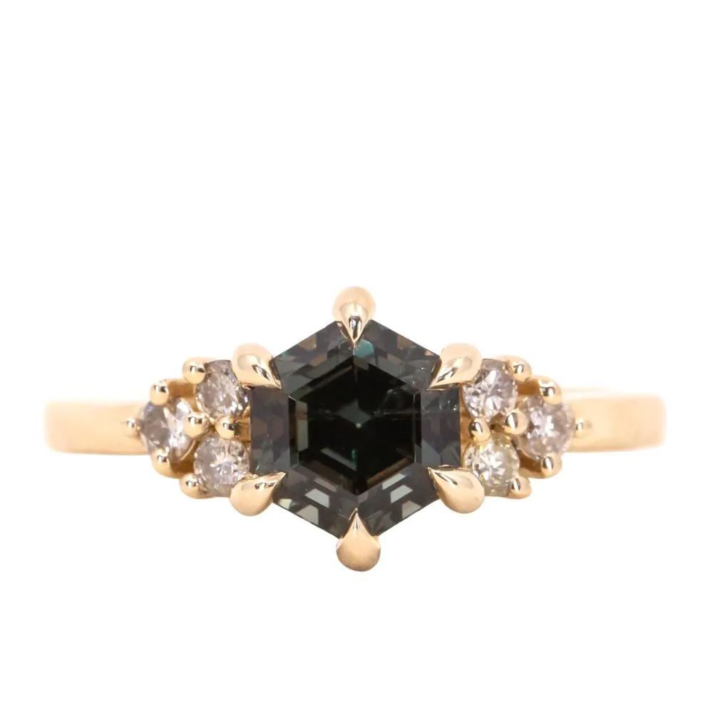 2.63ct Color Shifting Step Cut Hexagon Sapphire and Champagne Diamond Cluster Ring in 14k Yellow Gold