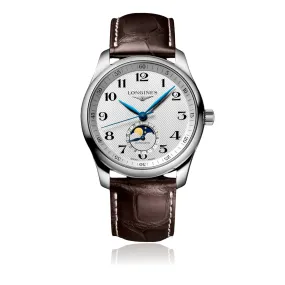 40MM LONGINES MASTER COLLECTION AUTOMATIC WATCH WITH MOONPHASE SUBDIAL AND BROWN ALLIGATOR LEATHER STRAP