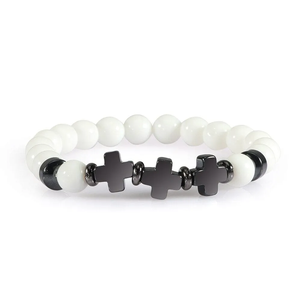 8mm Natural Stone Bracelet Christian Jesus Cross Bracelets for Women Men Elastic Rope Beaded Bangles Yoga Rosary Jewelry Gifts