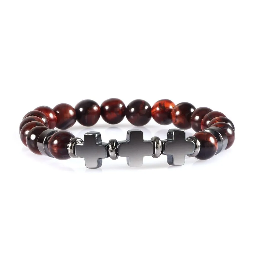 8mm Natural Stone Bracelet Christian Jesus Cross Bracelets for Women Men Elastic Rope Beaded Bangles Yoga Rosary Jewelry Gifts