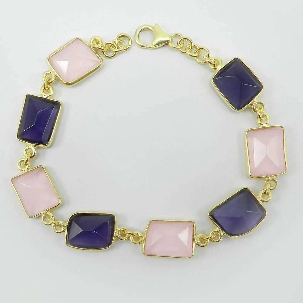 925 Sterling Silver 7.5 Inch Primrose Amethyst Link Chain Bracelet Jewelry