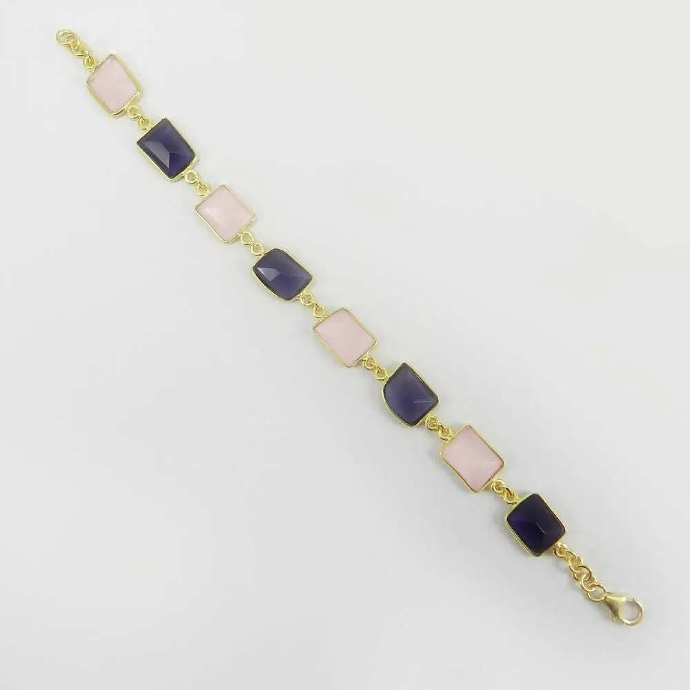 925 Sterling Silver 7.5 Inch Primrose Amethyst Link Chain Bracelet Jewelry