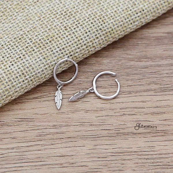 925 Sterling Silver Dangle Feather One-Touch Huggie Hoop Earrings