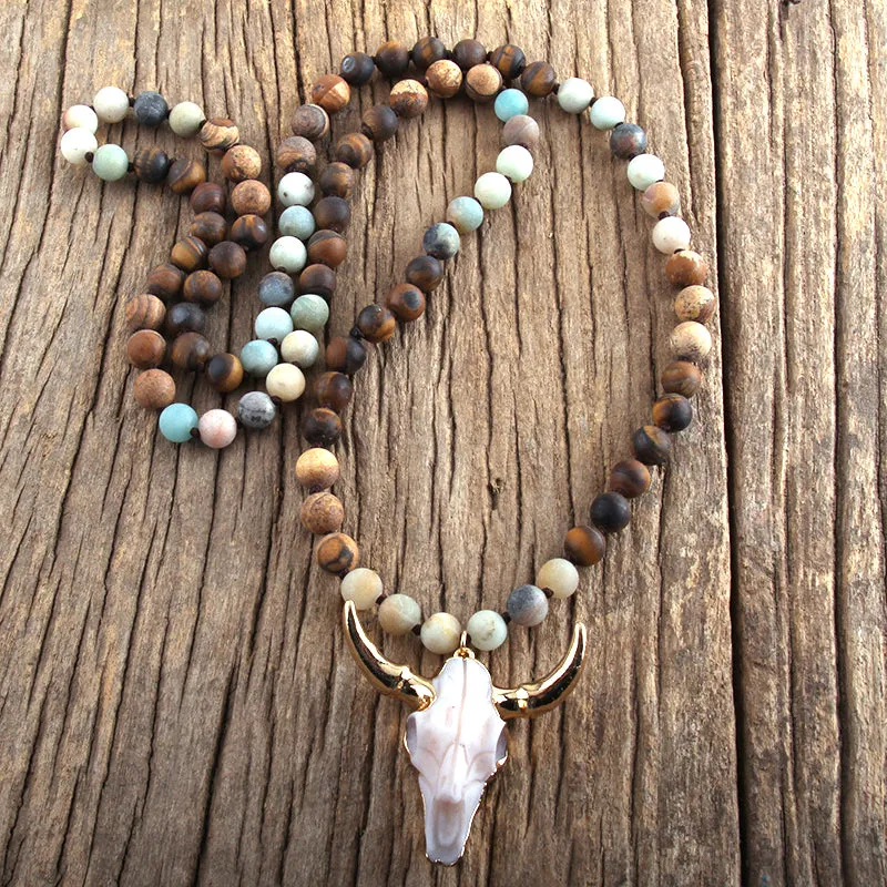 Amazonite Jasper Longhorn Western Long Necklace