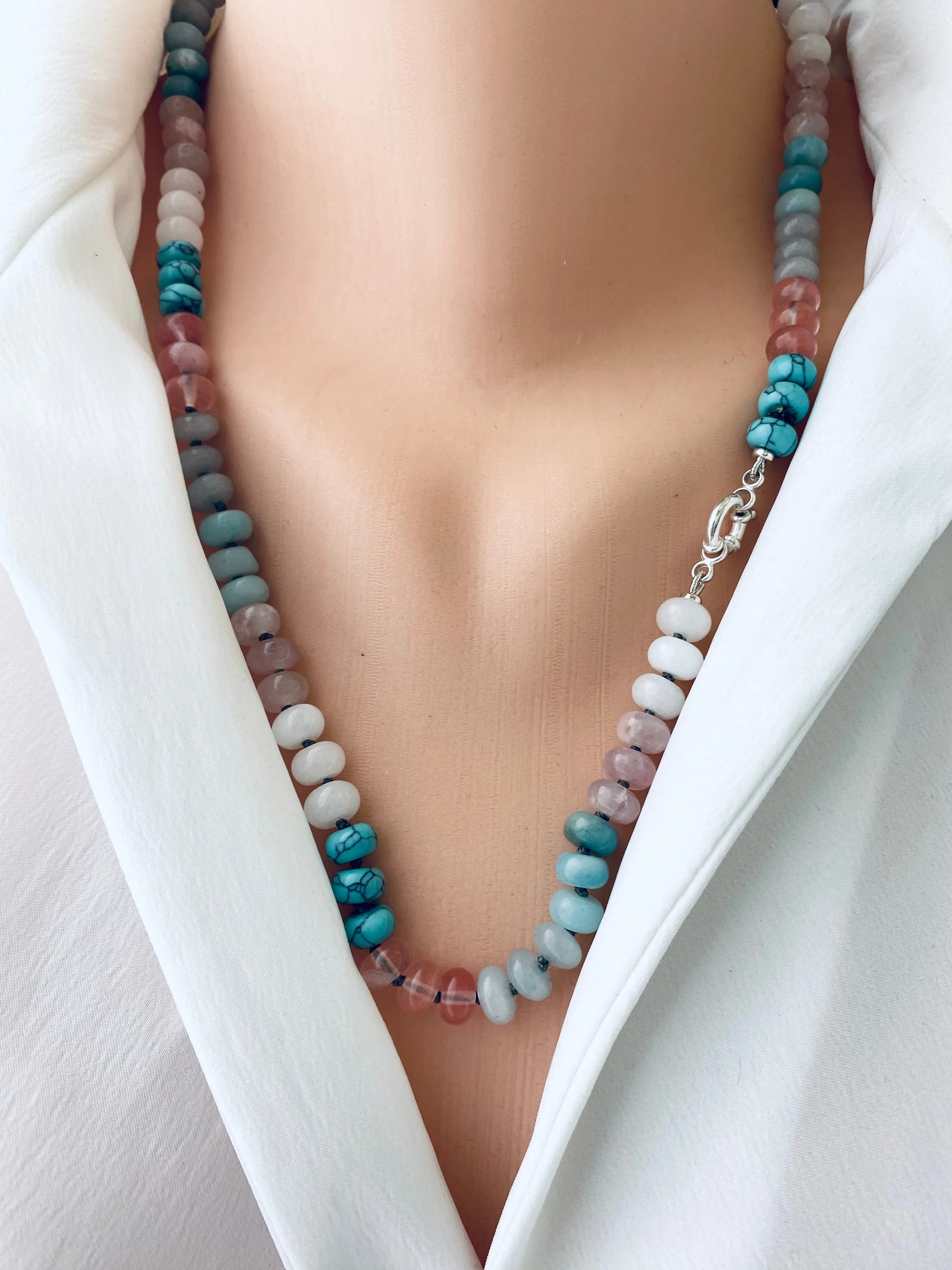 Amazonite, Rose Quartz, Jade Pastel Candy Necklace, Silver Marine Clasp, 18or 23in