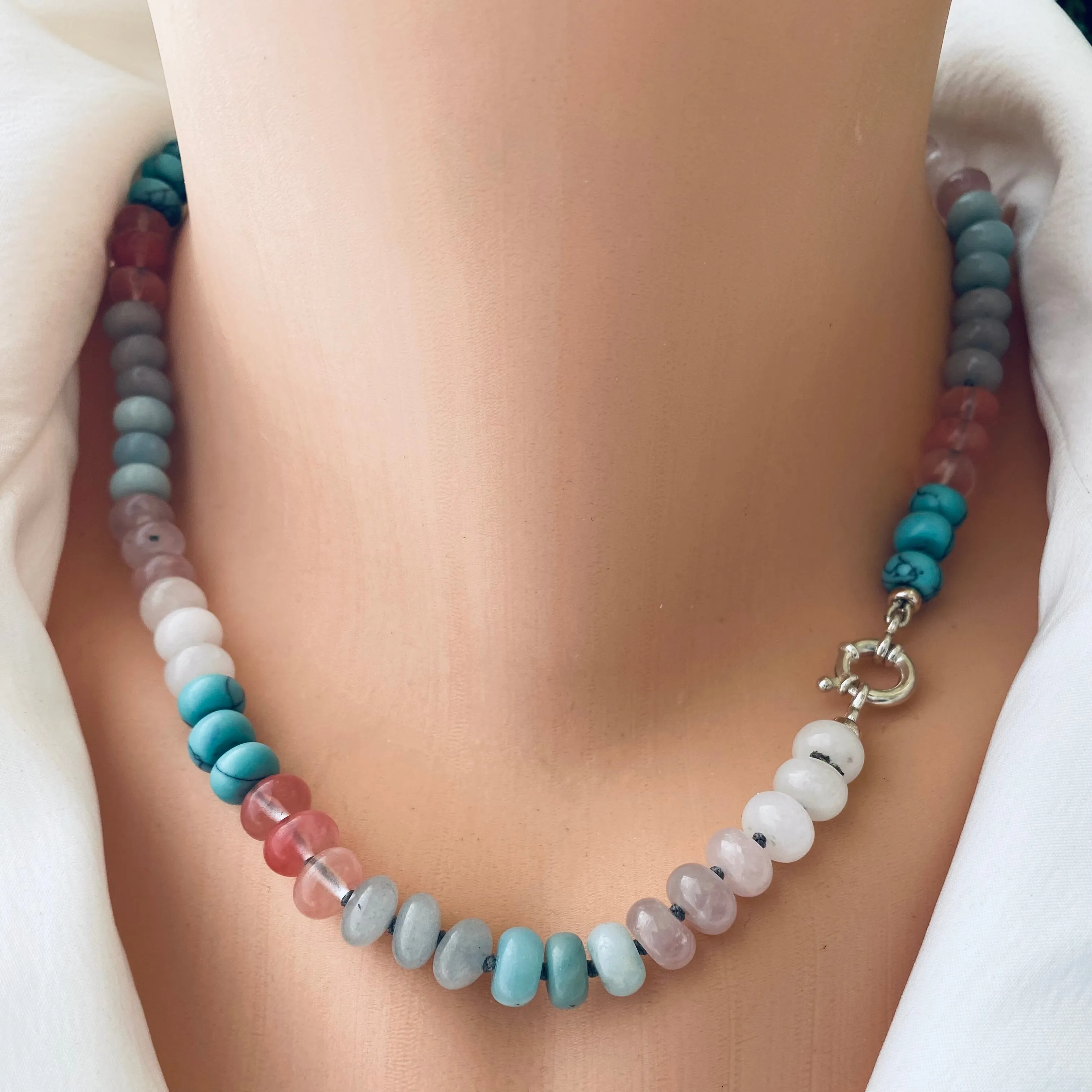 Amazonite, Rose Quartz, Jade Pastel Candy Necklace, Silver Marine Clasp, 18or 23in