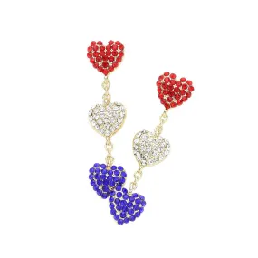 American USA Colored Triple Stone Paved Heart Link Earrings