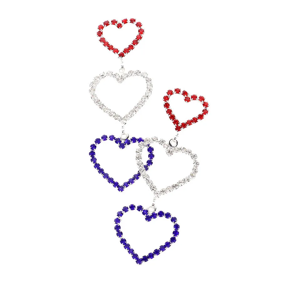 American USA Flag Rhinestone Heart Dangle Earrings