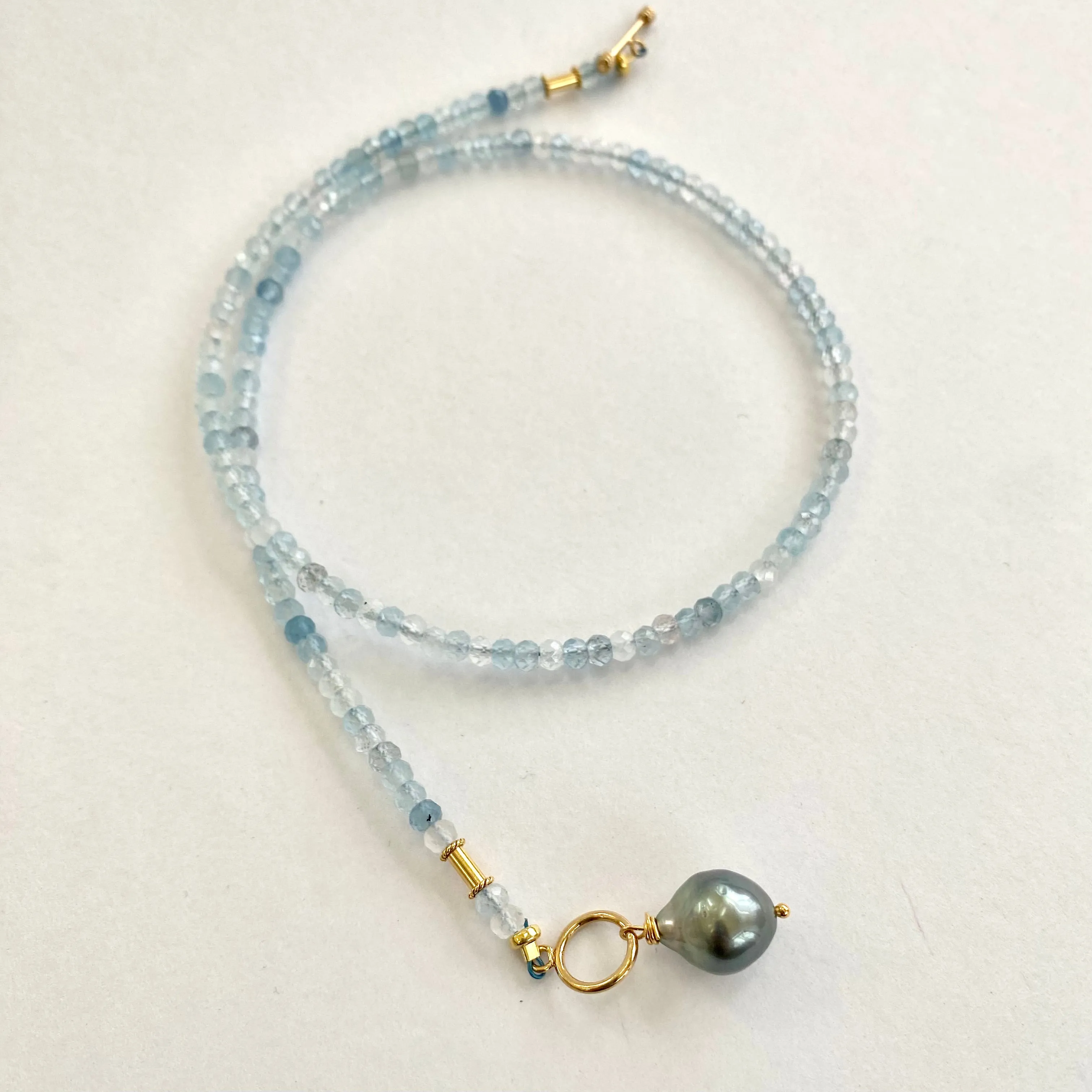 Aquamarine Toggle Necklace & Tahitian Baroque Pearl Pendant, Gold Vermeil, 16.5inches, March Birthstone