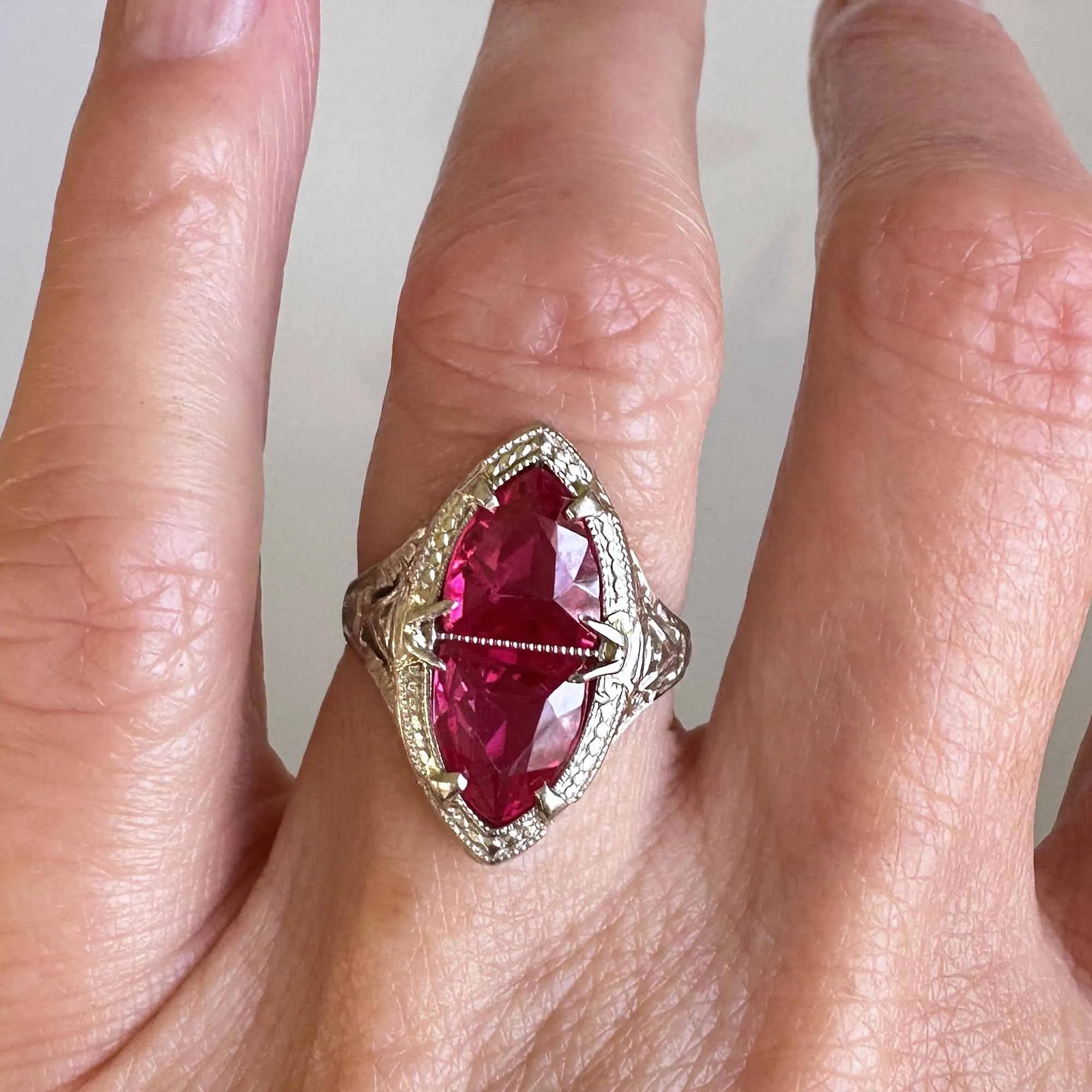 Art Deco 14K White Gold Filigree Trillion Ruby Ring