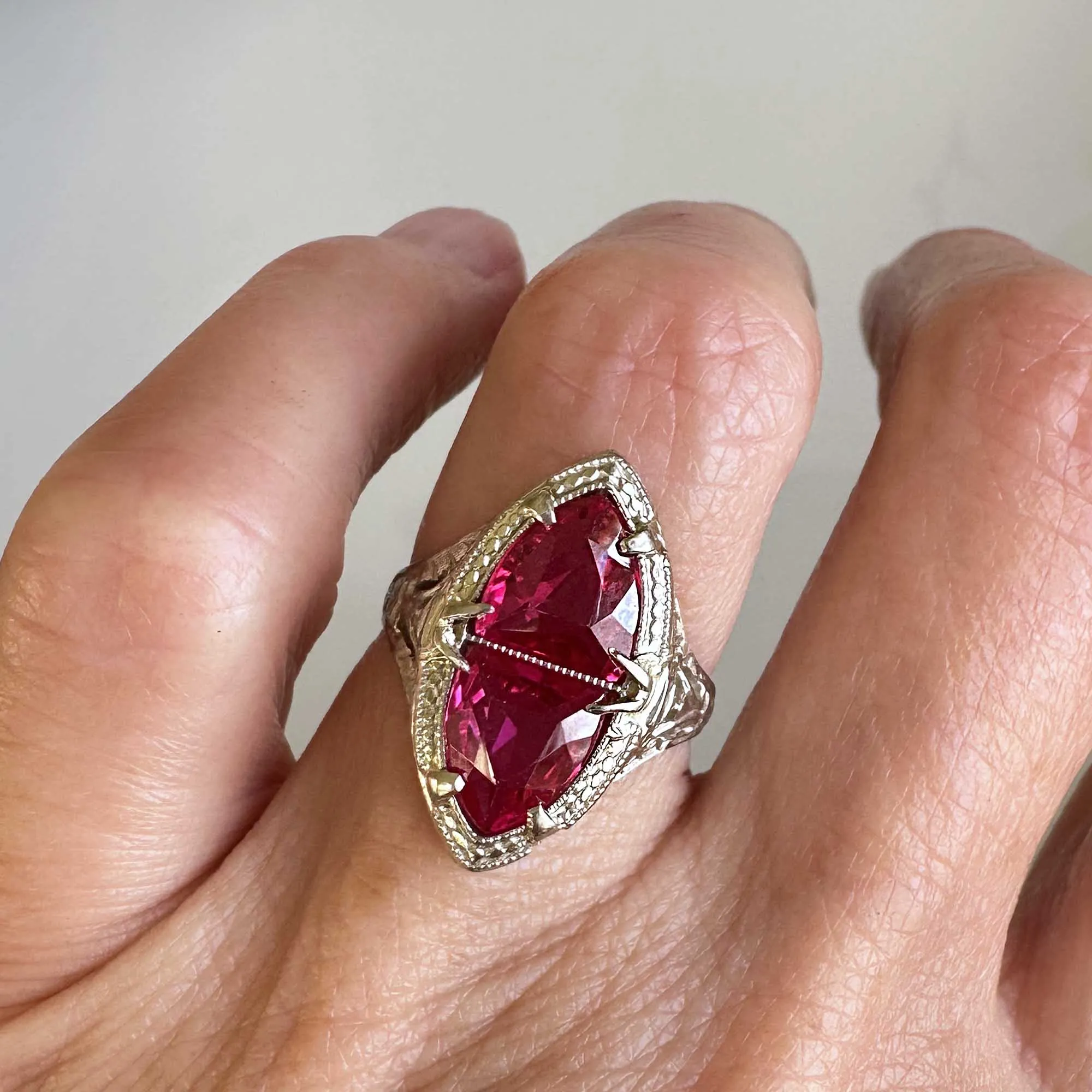 Art Deco 14K White Gold Filigree Trillion Ruby Ring