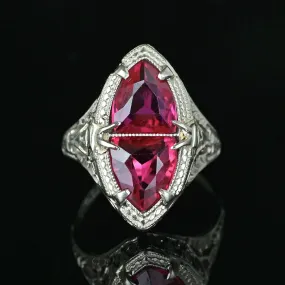 Art Deco 14K White Gold Filigree Trillion Ruby Ring