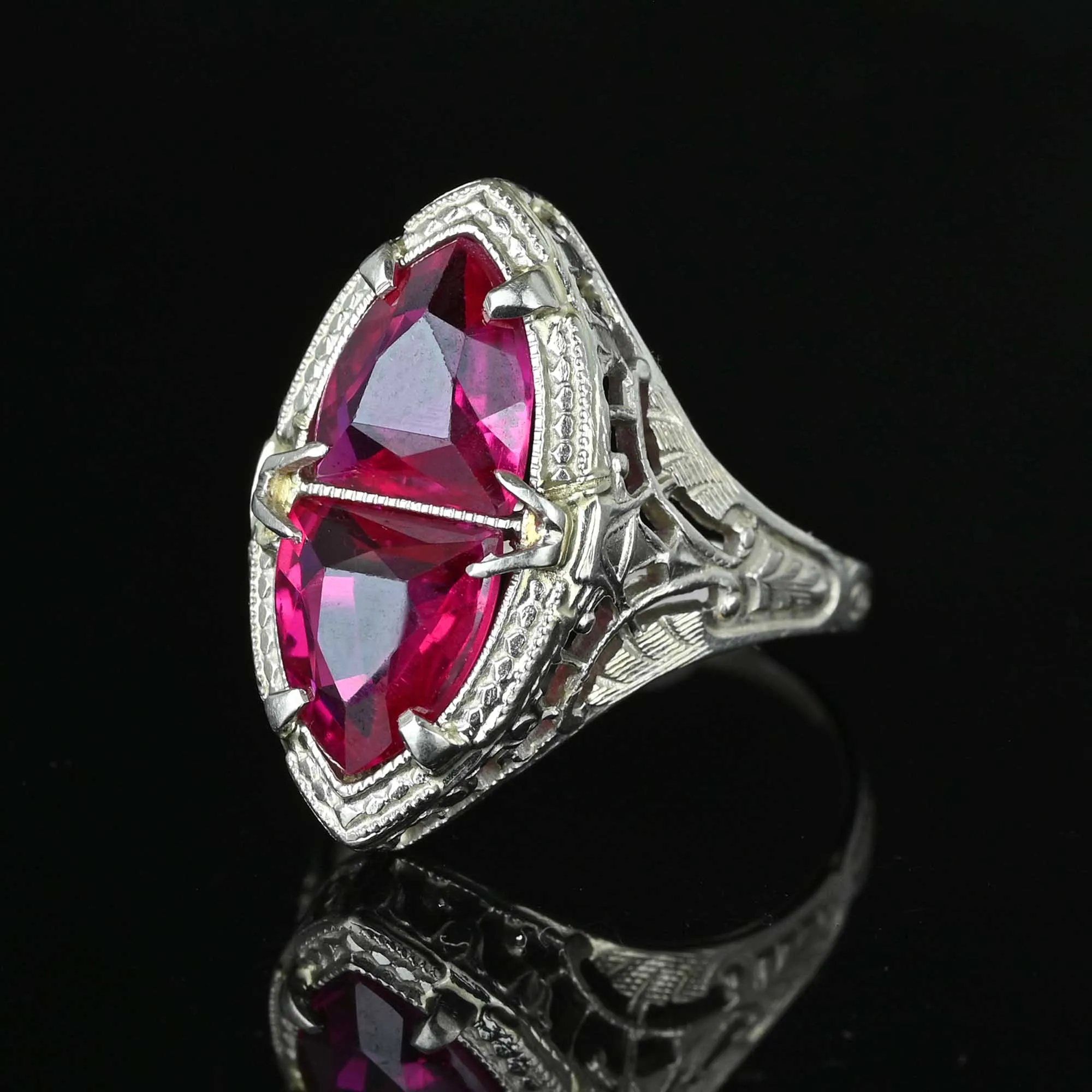 Art Deco 14K White Gold Filigree Trillion Ruby Ring