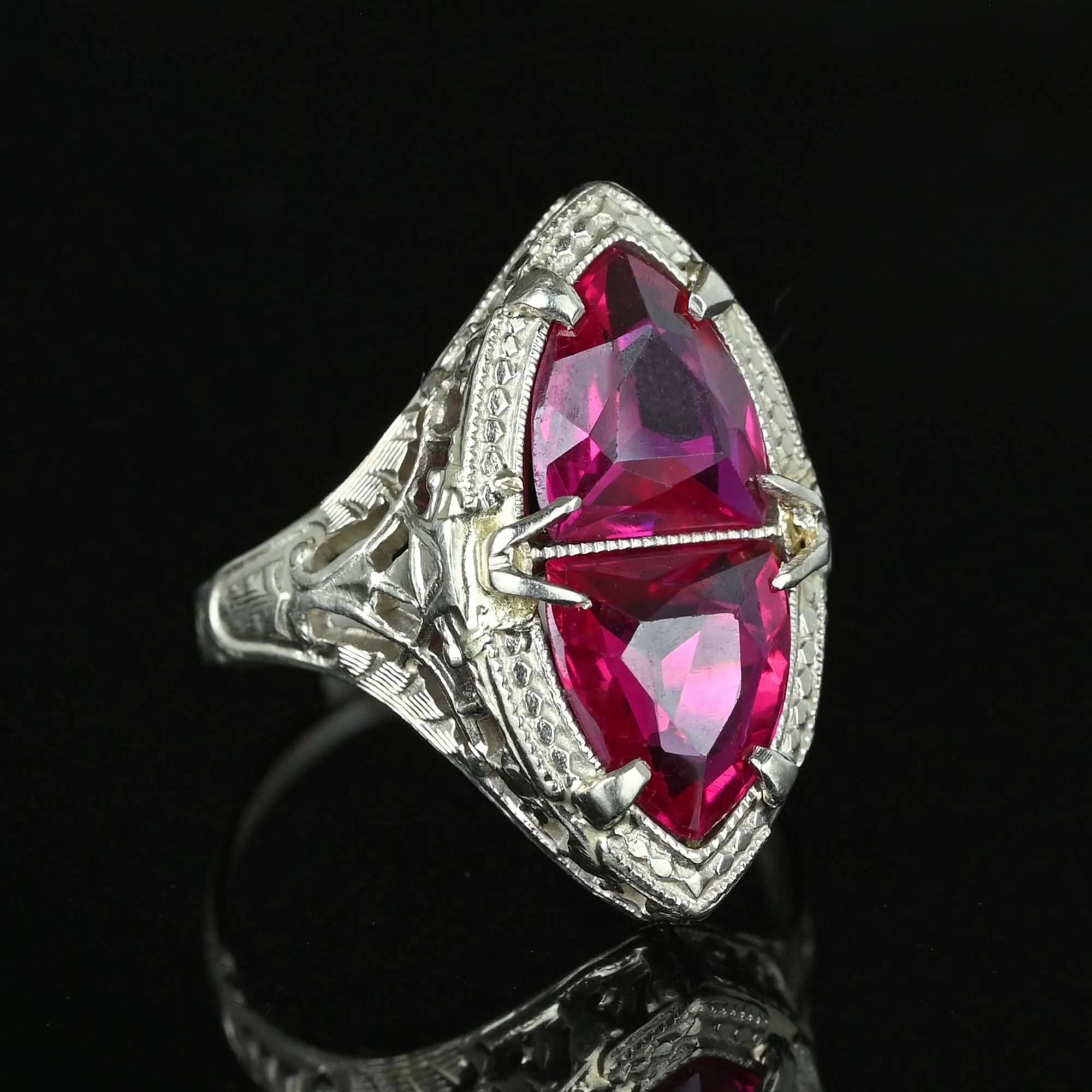 Art Deco 14K White Gold Filigree Trillion Ruby Ring