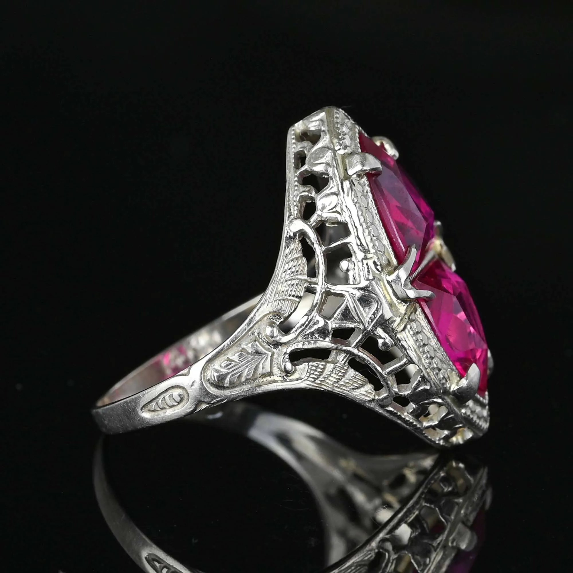 Art Deco 14K White Gold Filigree Trillion Ruby Ring