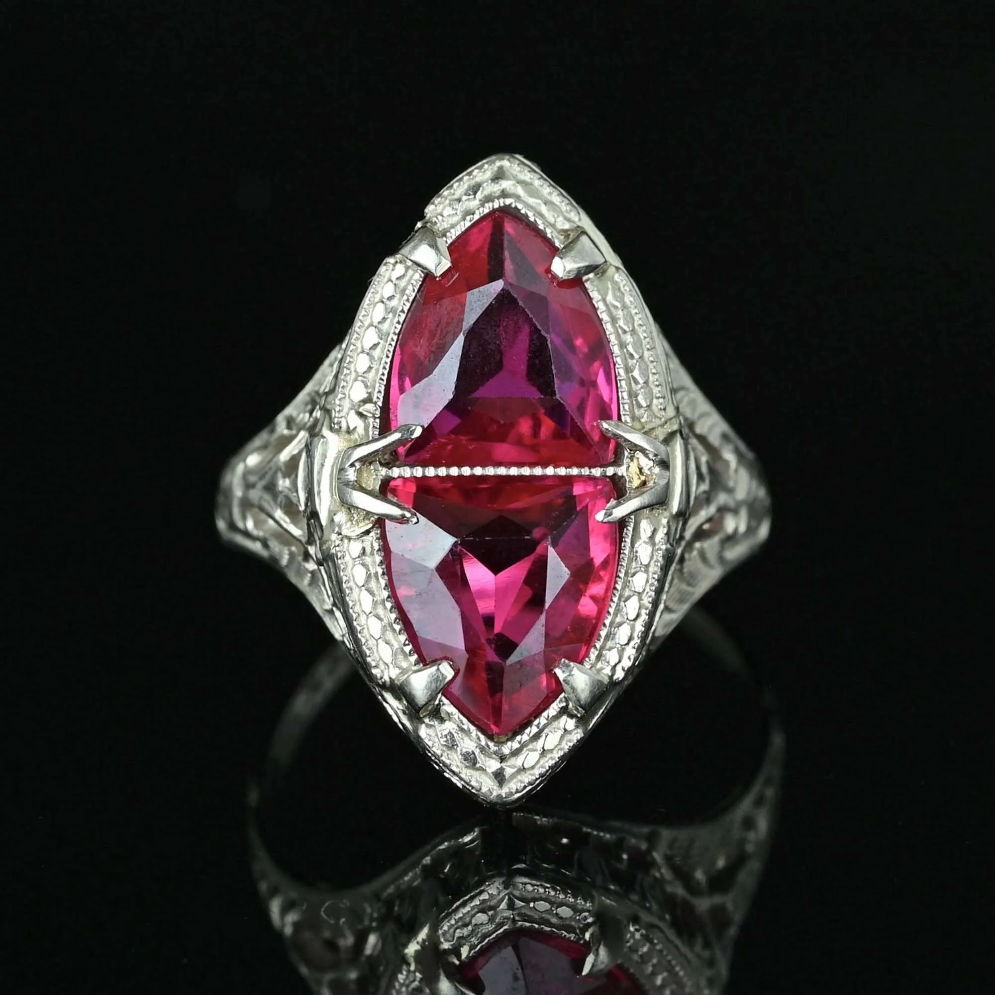 Art Deco 14K White Gold Filigree Trillion Ruby Ring