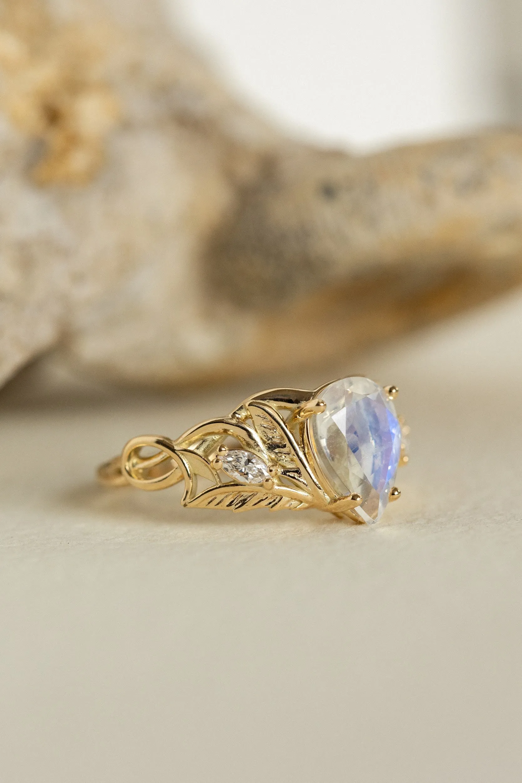 Big teardrop moonstone engagement ring, nature themed proposal ring / Ikar