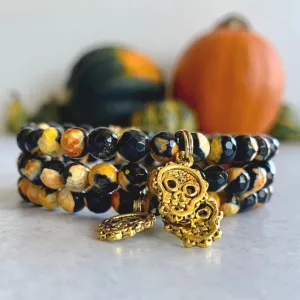 Black & Orange Fire Crackle Agate Gemstone Skull Bracelet