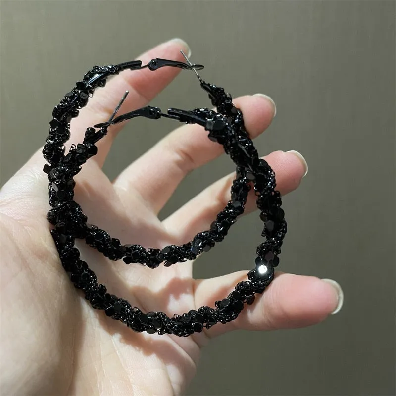 Black Crystal Twisted Big Hoop Earrings & Other Unique Hoop Earring Variants