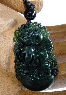 Black Deep Deep Green Auspicious Sheep Goat Ram Jadeite Pendant (BJP-18)