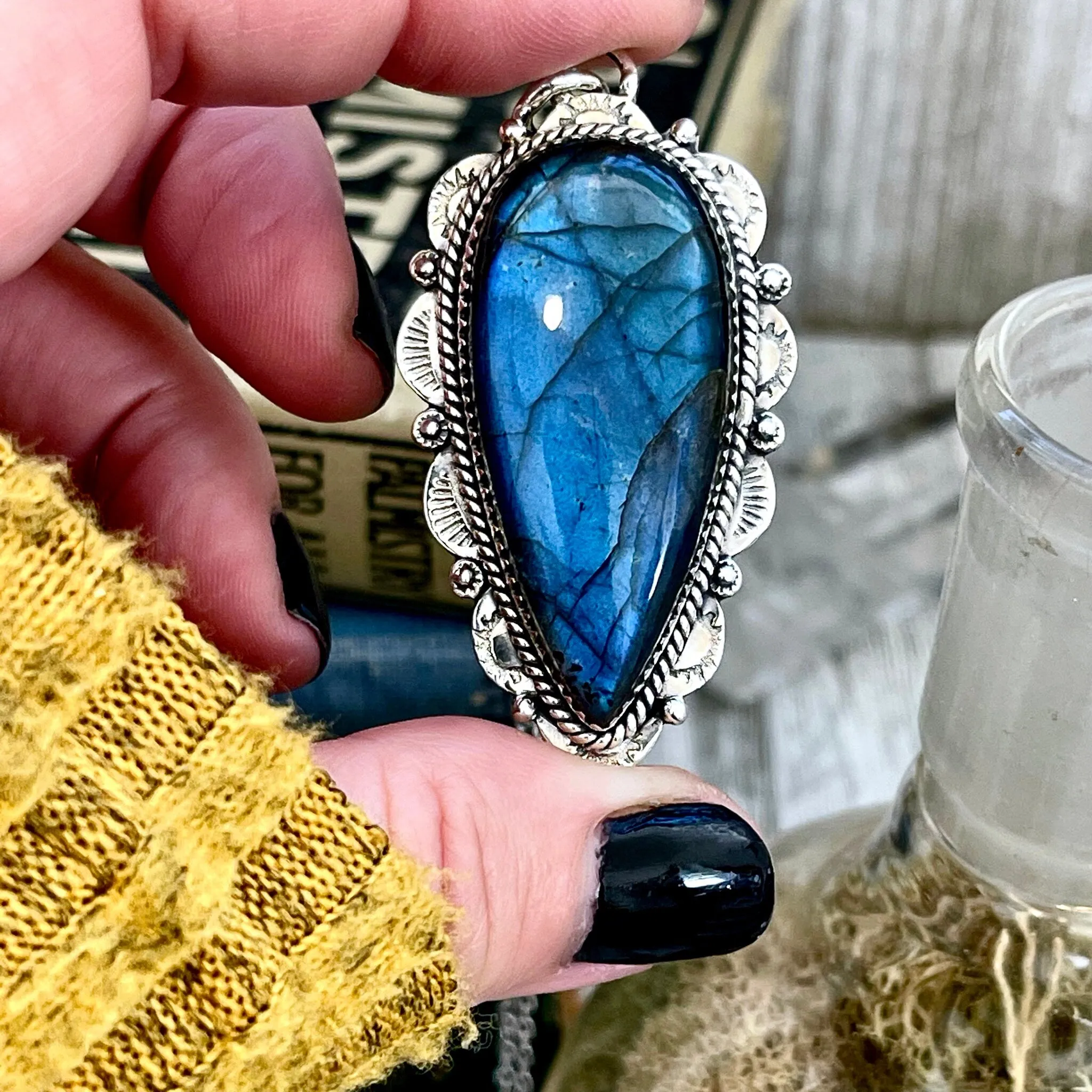 Blue Labradorite Crystal Teardrop Necklace in Sterling Silver  -Designed by FOXLARK Collection / Witchy Necklace Goth Jewelry