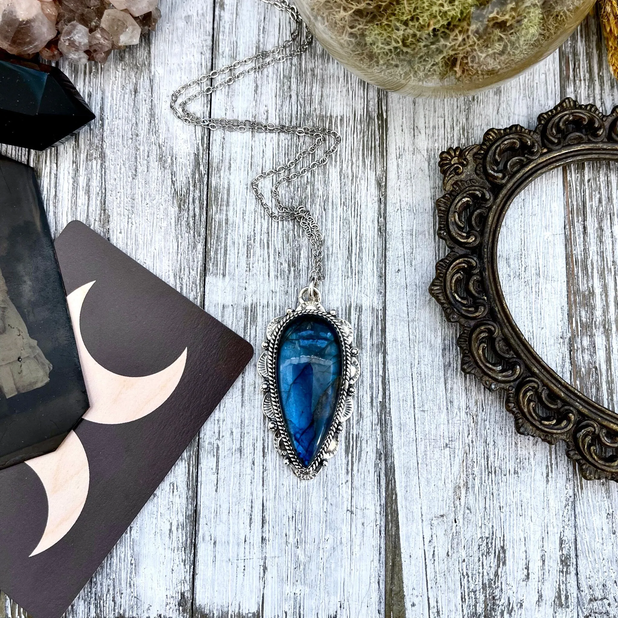 Blue Labradorite Crystal Teardrop Necklace in Sterling Silver  -Designed by FOXLARK Collection / Witchy Necklace Goth Jewelry