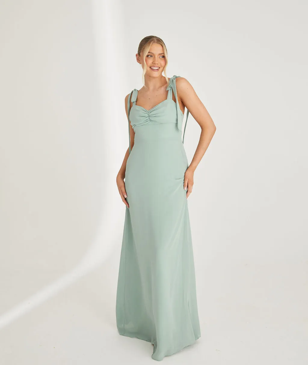 Bow Tie Shoulder Chiffon Bridesmaid Dress - Sage