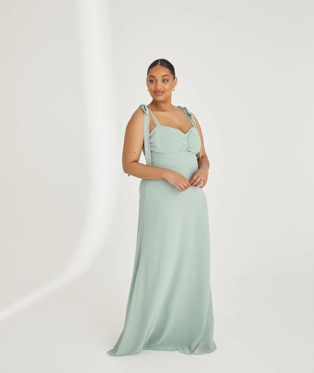 Bow Tie Shoulder Chiffon Bridesmaid Dress - Sage