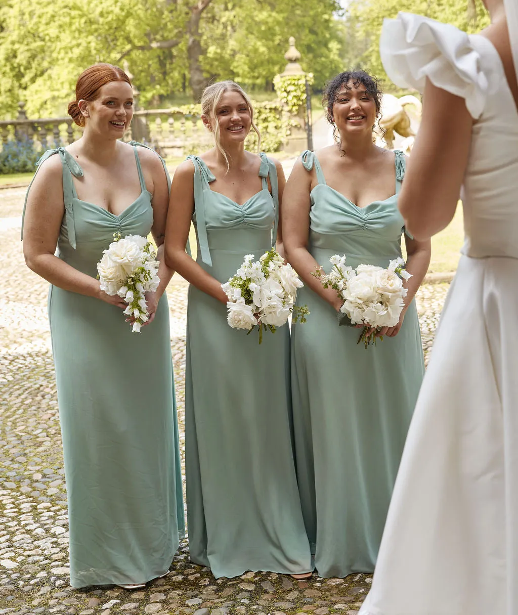 Bow Tie Shoulder Chiffon Bridesmaid Dress - Sage