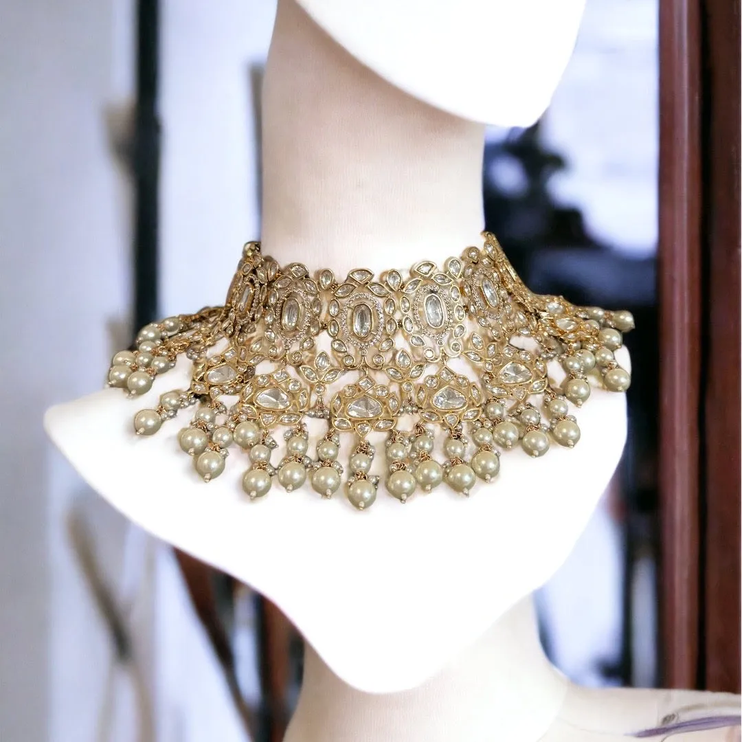 BR312 Bridal choker with earrings tika in pearls ( SHIPS IN 4 WEEKS  )