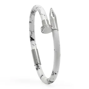 Bracelet Silver Nail with Zircon Diamond - White Leather