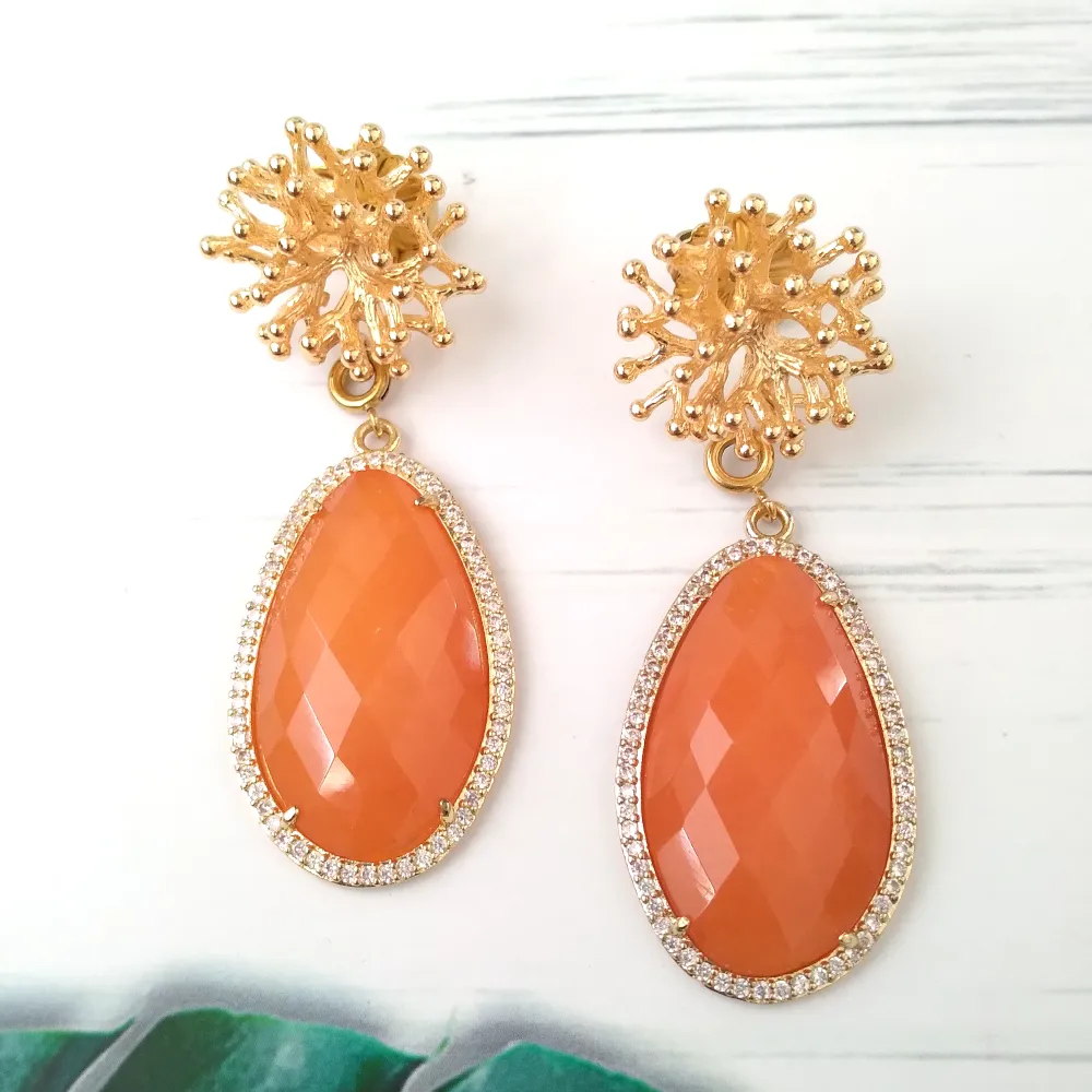 Branch Coral Stud with Haloed Carnelian Earrings