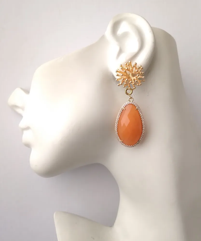 Branch Coral Stud with Haloed Carnelian Earrings