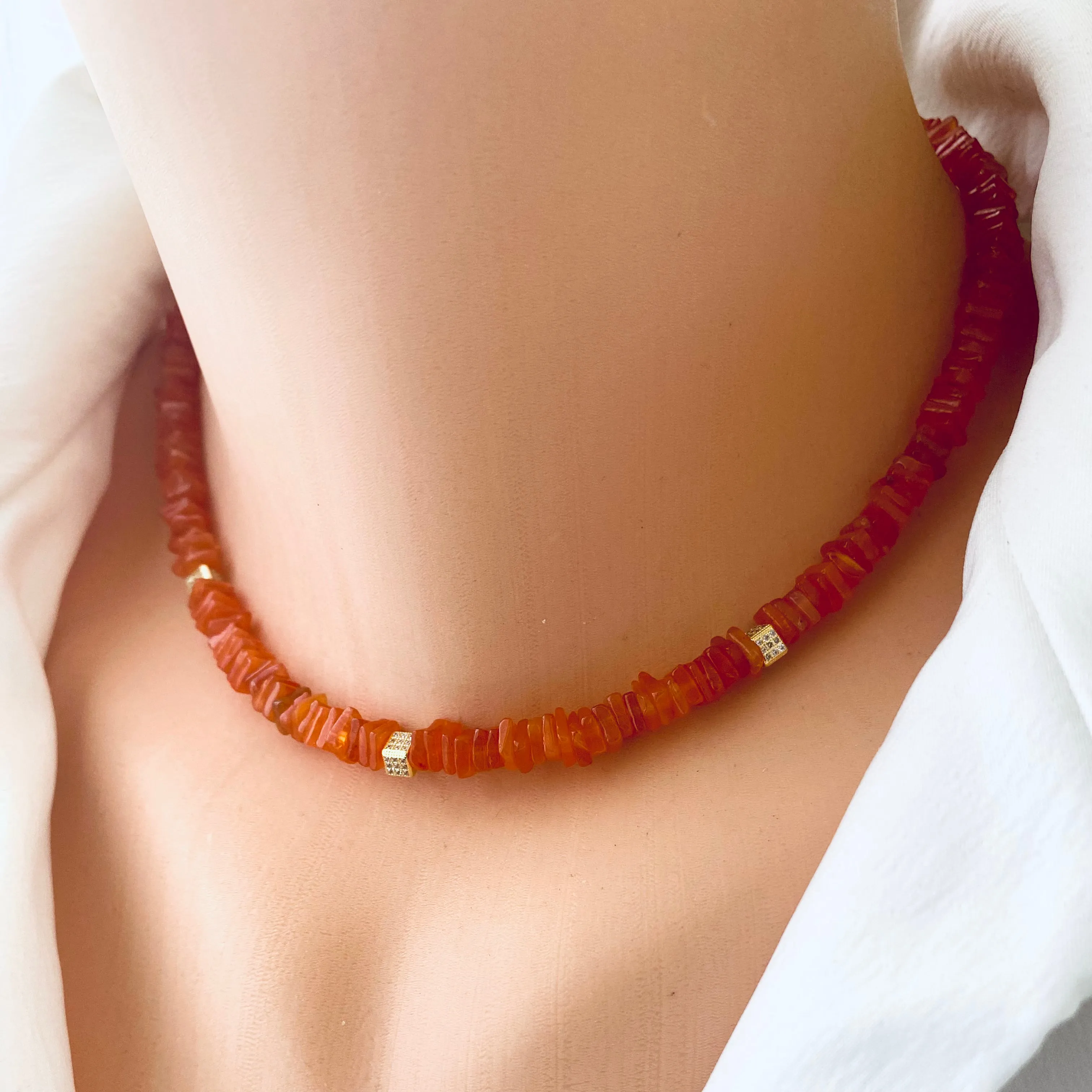 Bright Orange Carnelian Choker Necklace & Gold Vermeil Details and Clasp, 15.5in