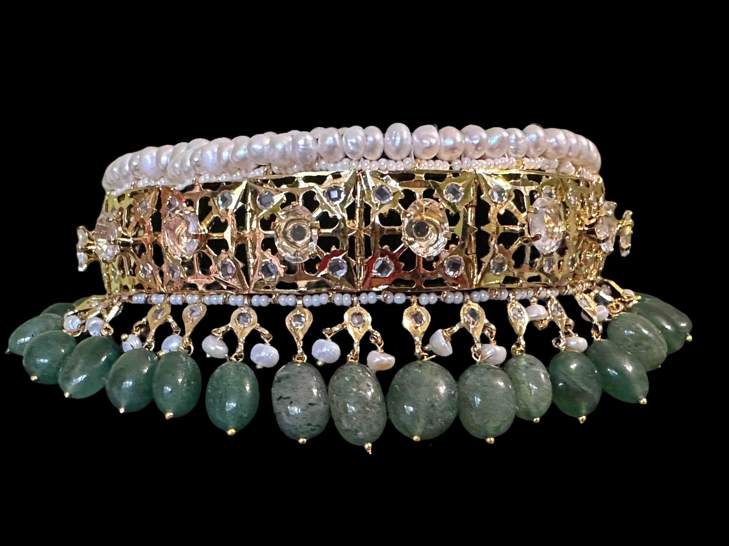 C261 Hyderabadi jadavi lacha in fresh water  pearls and emerald beads ( SHIPS IN 3 WEEKS  )