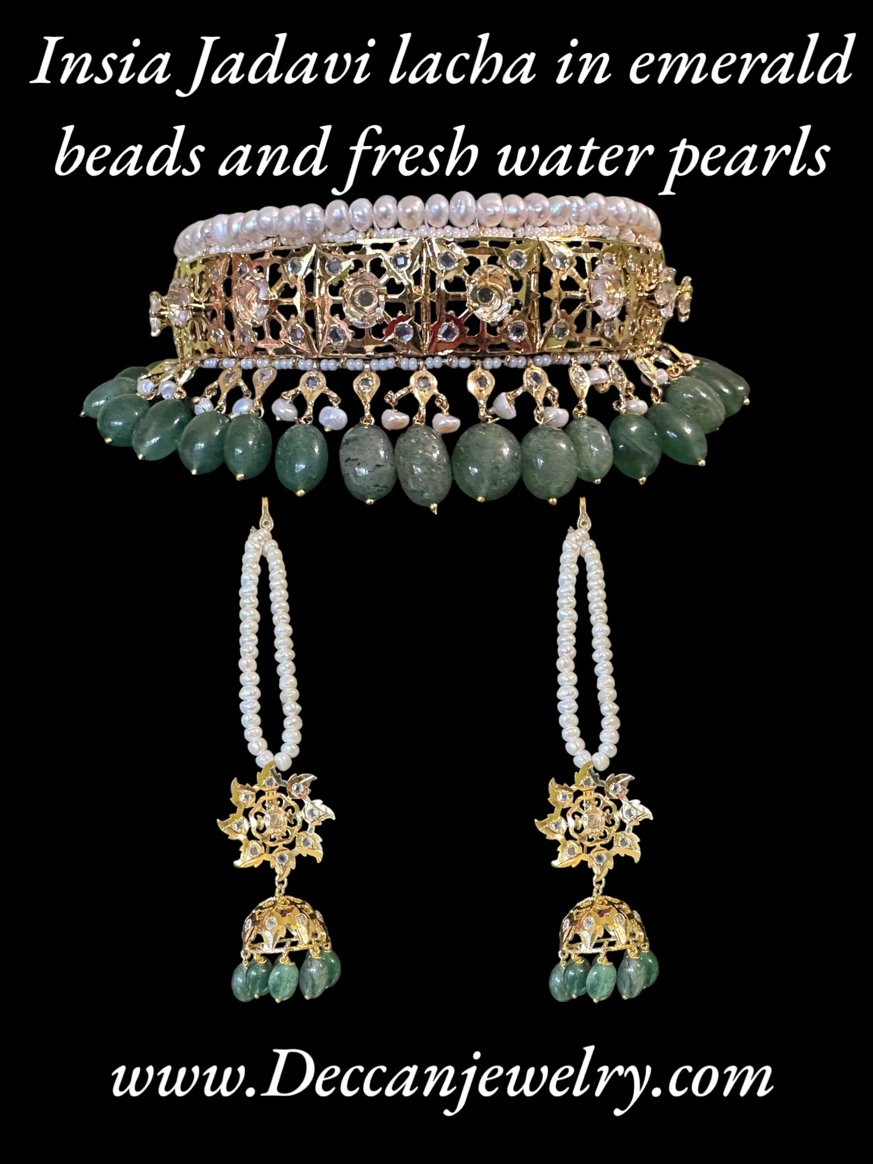 C261 Hyderabadi jadavi lacha in fresh water  pearls and emerald beads ( SHIPS IN 3 WEEKS  )