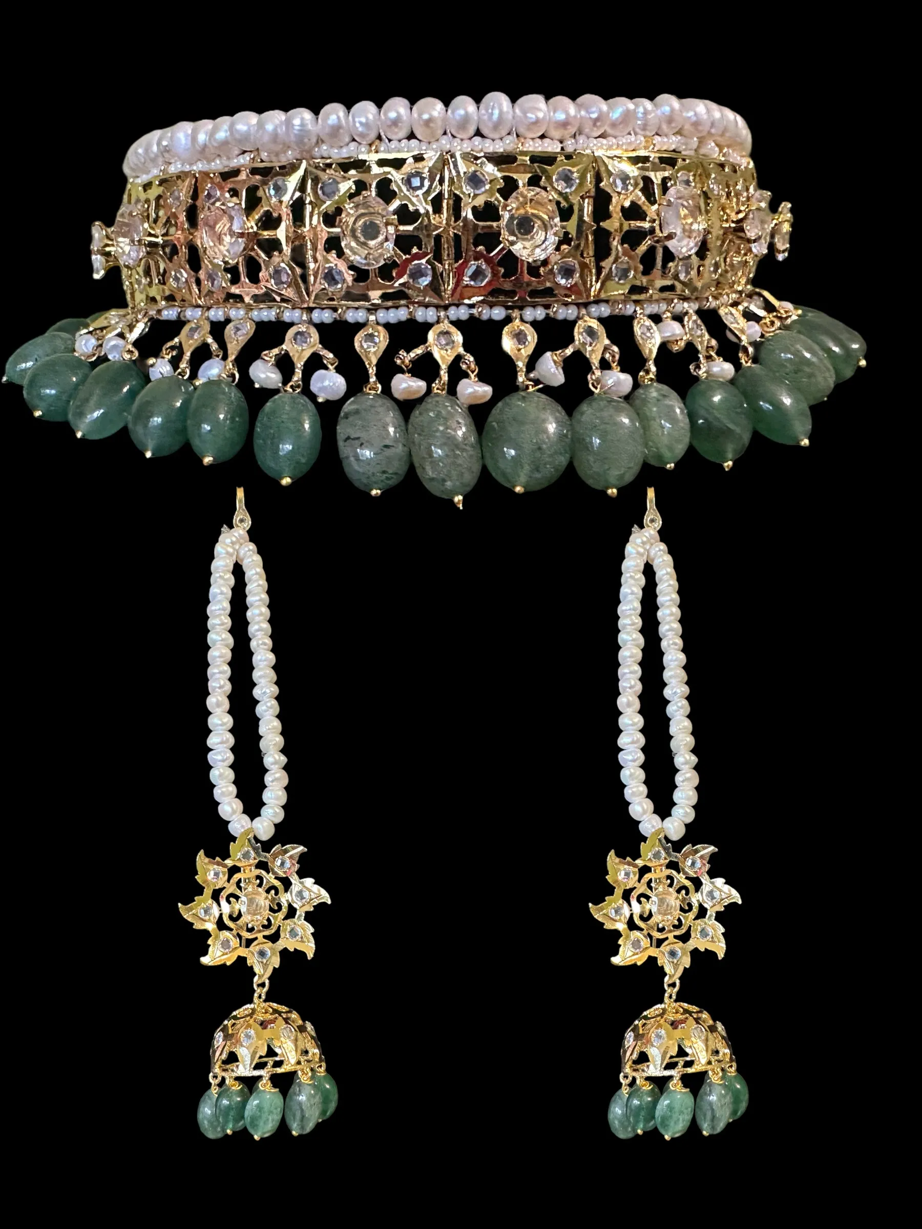 C261 Hyderabadi jadavi lacha in fresh water  pearls and emerald beads ( SHIPS IN 3 WEEKS  )