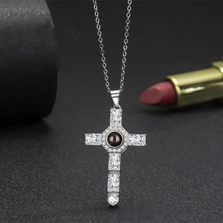 Cubic Zirconia Diamond Cross Pendant with Picture Inside