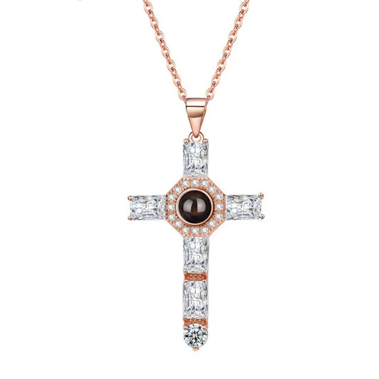 Cubic Zirconia Diamond Cross Pendant with Picture Inside