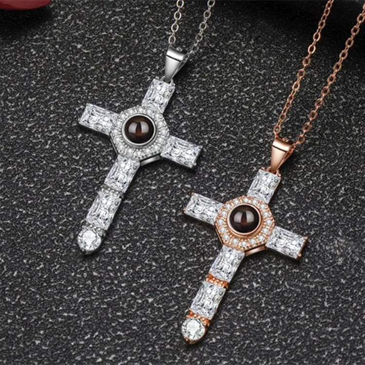 Cubic Zirconia Diamond Cross Pendant with Picture Inside