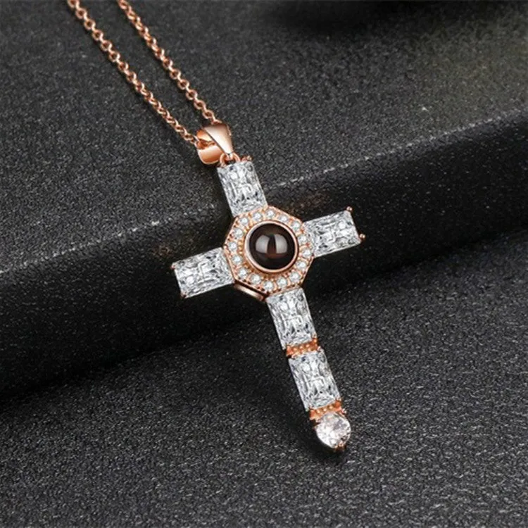 Cubic Zirconia Diamond Cross Pendant with Picture Inside