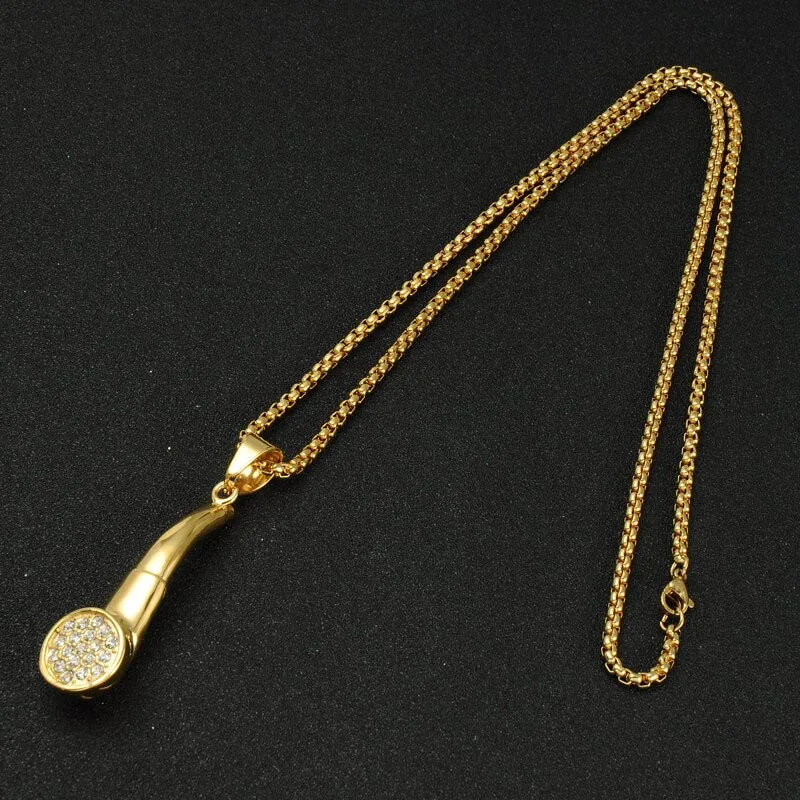 Cubic-Zirconia-Studded Gold-Plated Tobacco Pipe Bling Hip-hop Pendant Necklace