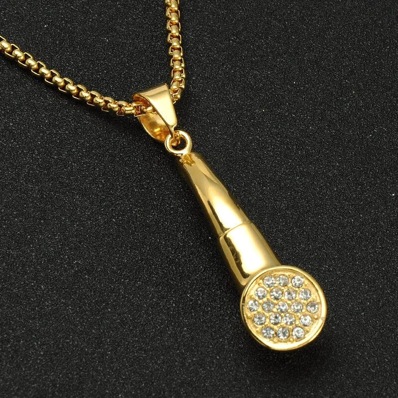 Cubic-Zirconia-Studded Gold-Plated Tobacco Pipe Bling Hip-hop Pendant Necklace