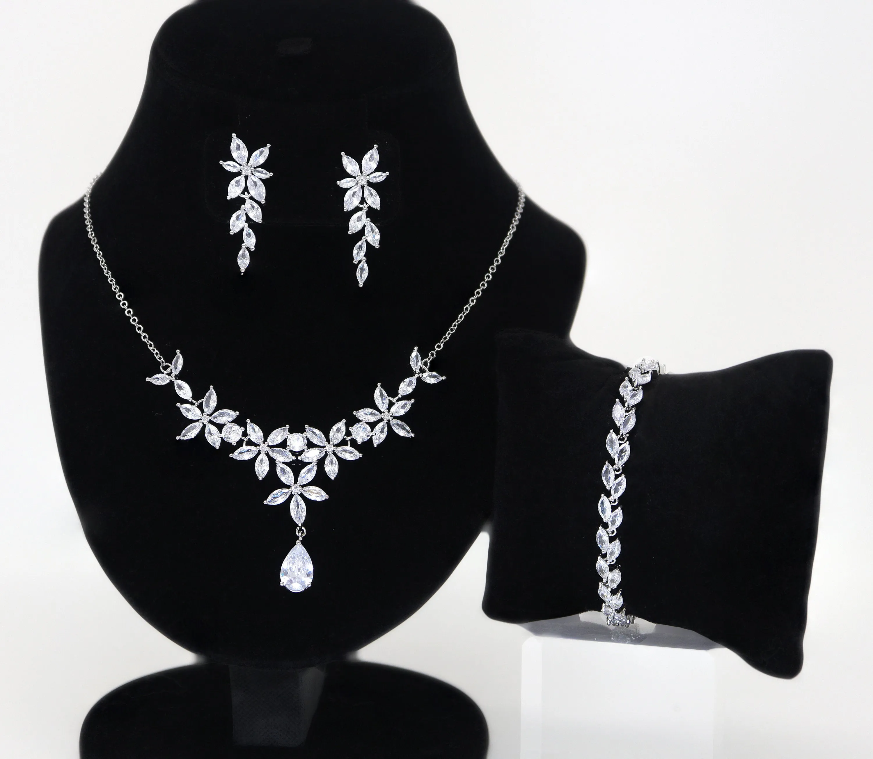 CZ Dainty Timeless Treasures Vine Leaves Drop Necklace Set, Statement Earring And Necklace Set, CZ Necklace set