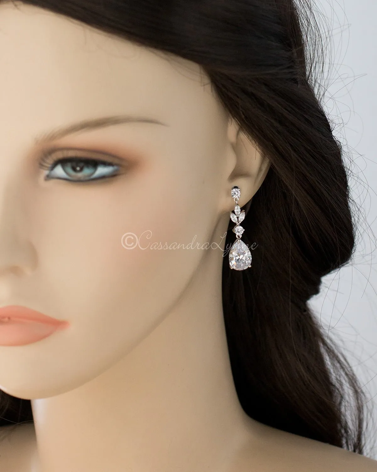 CZ Pear Drop Bridal Earrings Screw Back